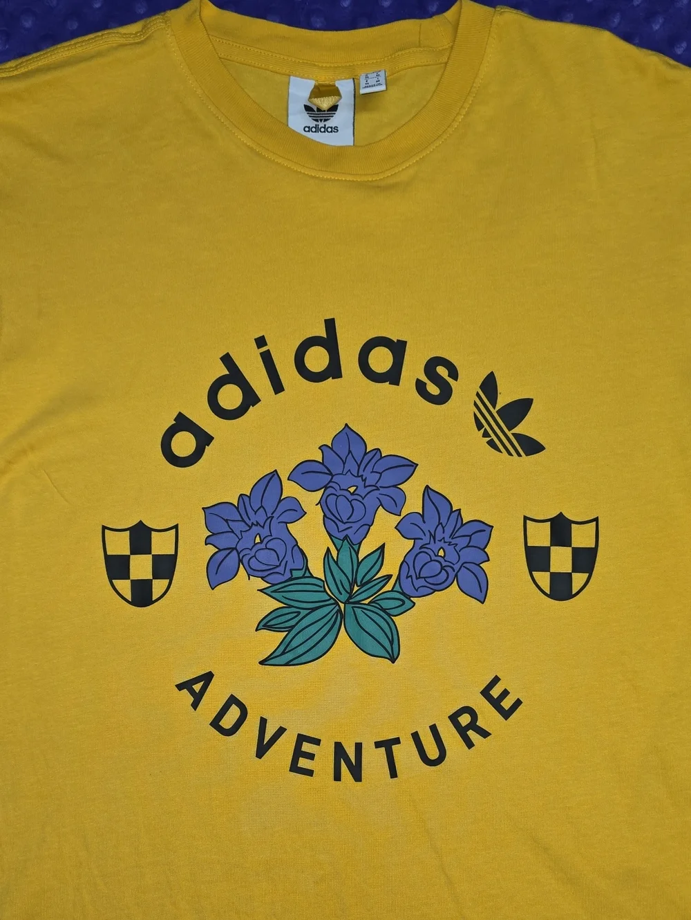 adidas Yellow Tee with Purple Floral and Green Leaf Graphic